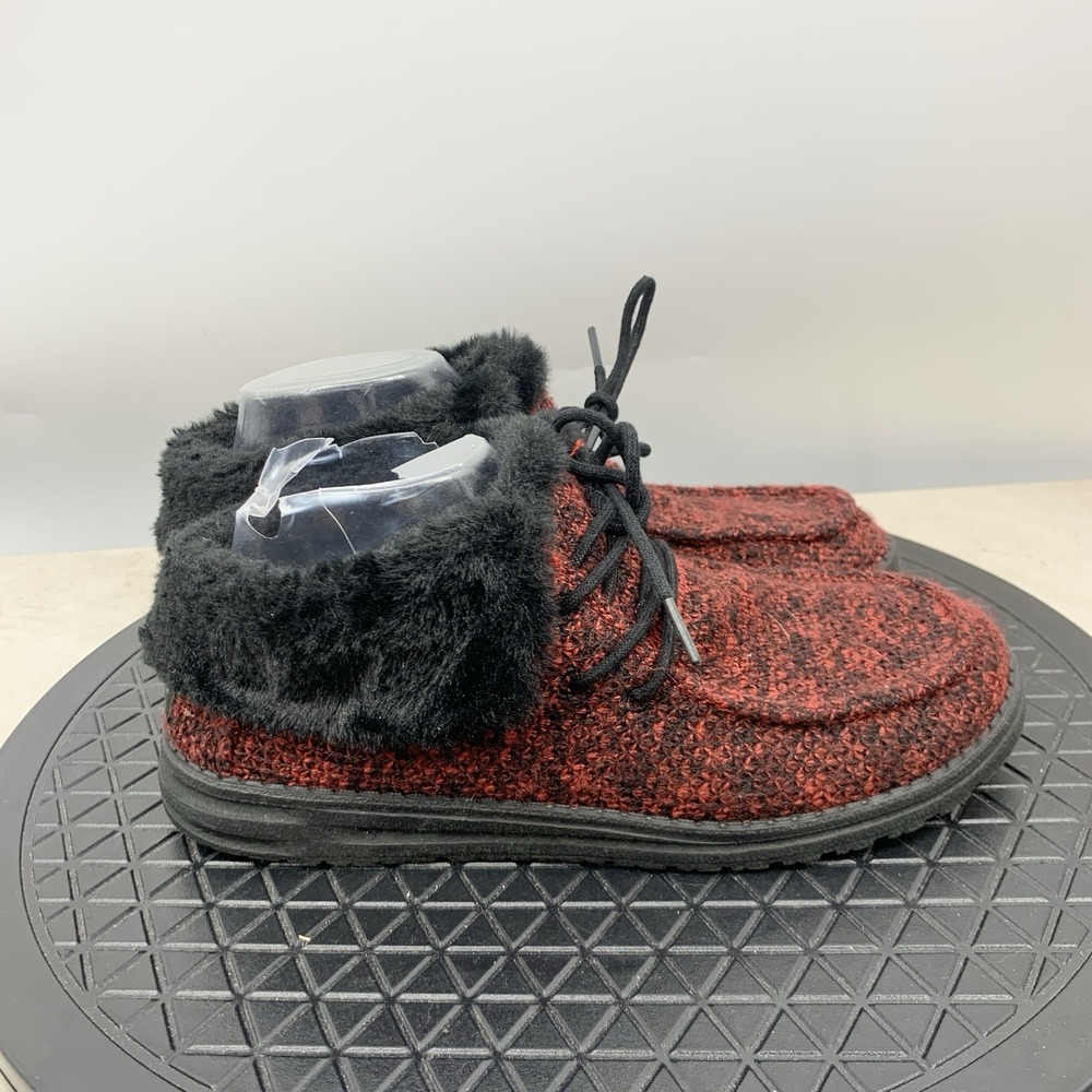 Hey Dude Britt Shoes Women Size 8 Sneakers Red Black Tweed Faux Fur Lined Bootie